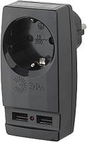 Адаптер с заземлением ЭРА SP-1e-USB-B 1-м+2xUSB тип A+A 2100мА черный картинка 